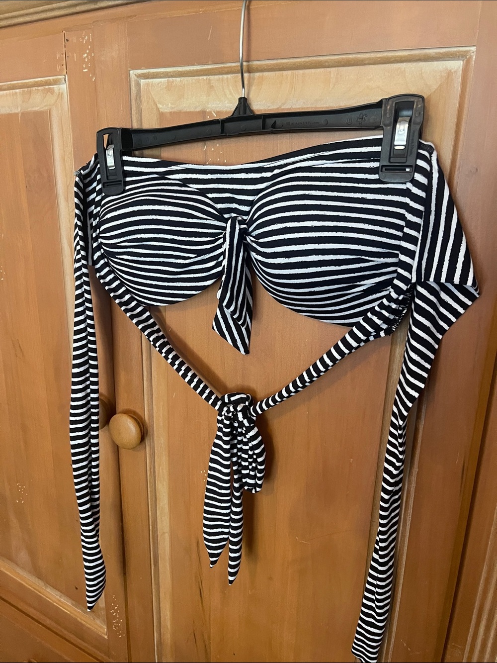 Apt. 9 Black & White Striped Bandeau Bikini Top with Tie Front